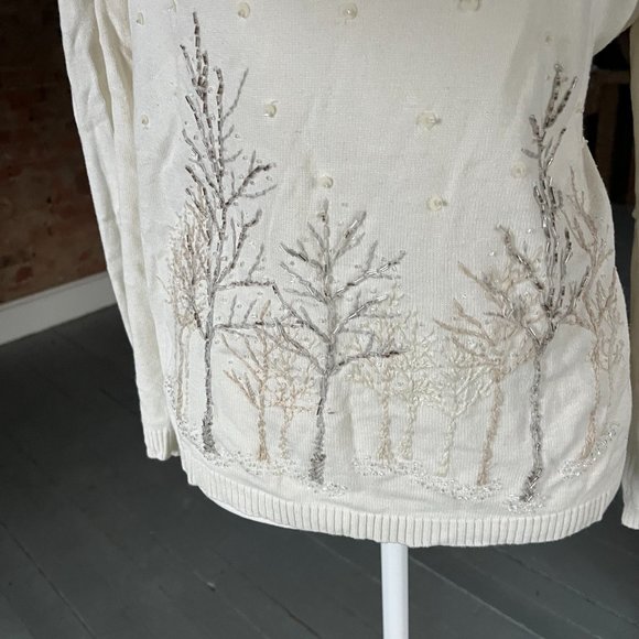 VintageColdwater Creek Sweater Womens White 1/4 Zip Front Mock Neck Beaded Winte - Picture 3 of 6